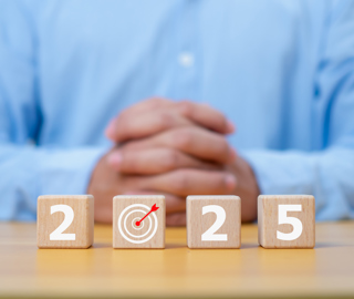 Businessman Showing Wooden Cube From 2025 New Year Resolution Goal Plan Action Concept Target Plan Mission Annual Happy New Year 2025 Background With Goal Icon
